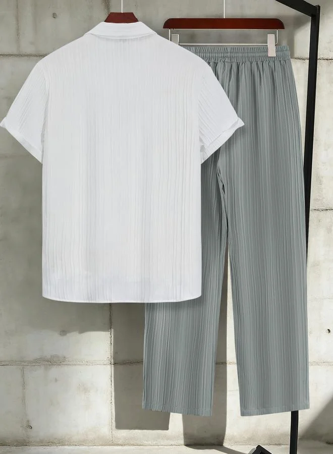 Take Two Men Textured Shirt and Drawstring Elastic Waist Pants Set